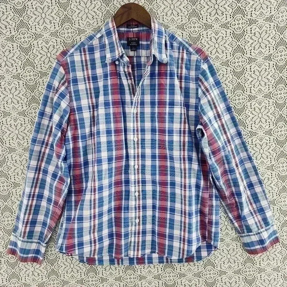 J. crew untucked slim plaid button down men's long sleeve shirt L - Picture 1 of 7
